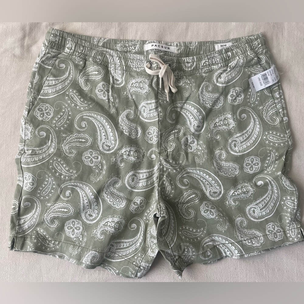 PacSun Reed Olive Paisley Mens Twill Volley Shorts - L